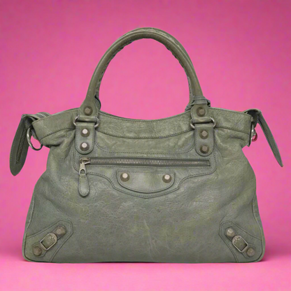 Balenciaga Giant City Hand Bag Leather Light Blue Silver