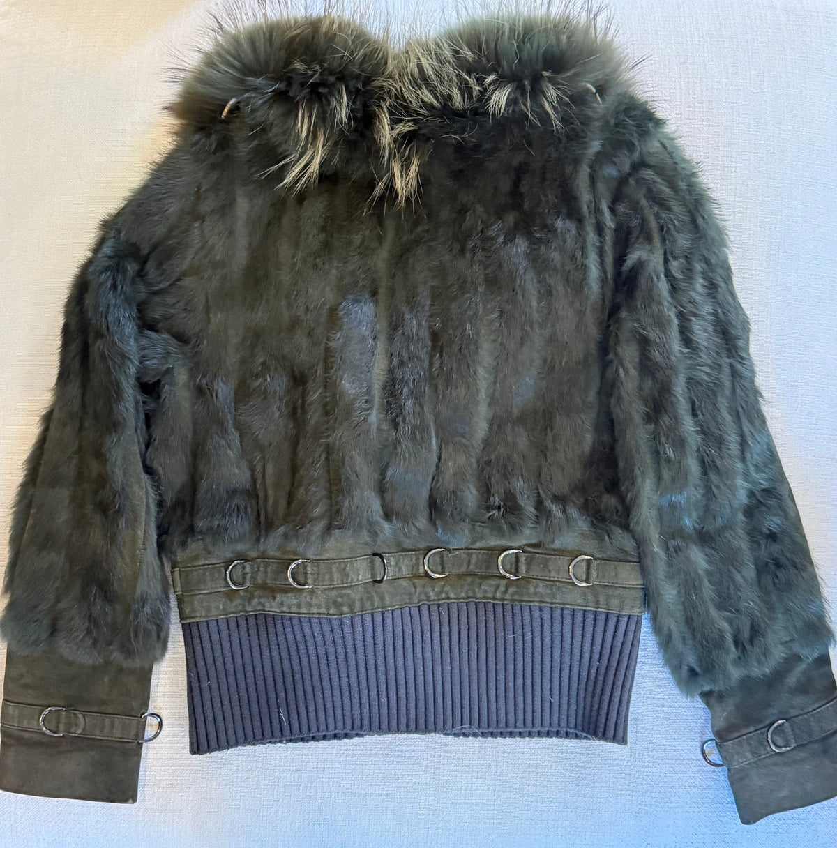 Olive Green Fur Trim Cropped Jacket with D-Ring Details Outerwear