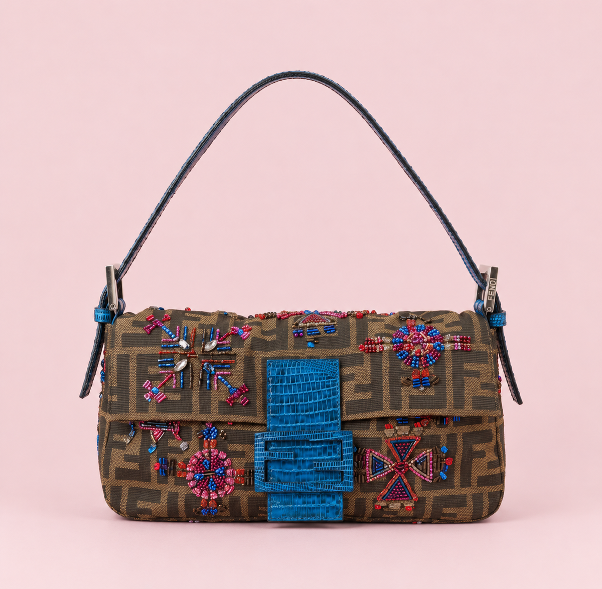 Fendi Zucca Lizard Beaded Baguette