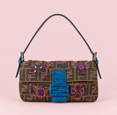 Fendi Zucca Lizard Beaded Baguette
