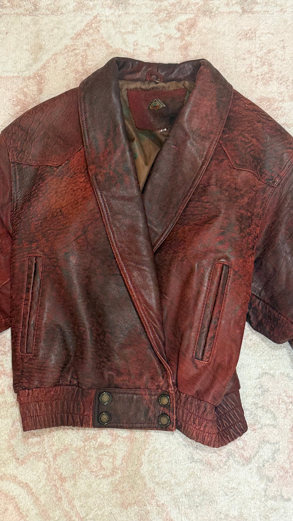 Distressed Burgundy Red Leather Bomber Jacket