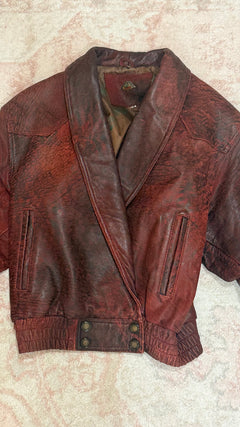 Distressed Burgundy Red Leather Bomber Jacket