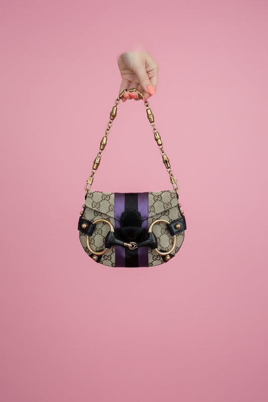 Vintage Tom Ford era Gucci GG Monogram Horsebit Chain Clutch Purple & Black