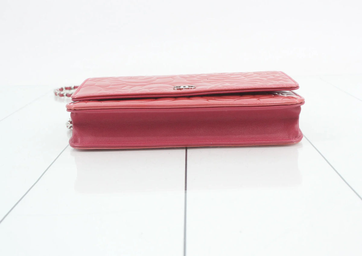 Chanel Pink Camellia Wallet on Chain in Embossed Patent Leather