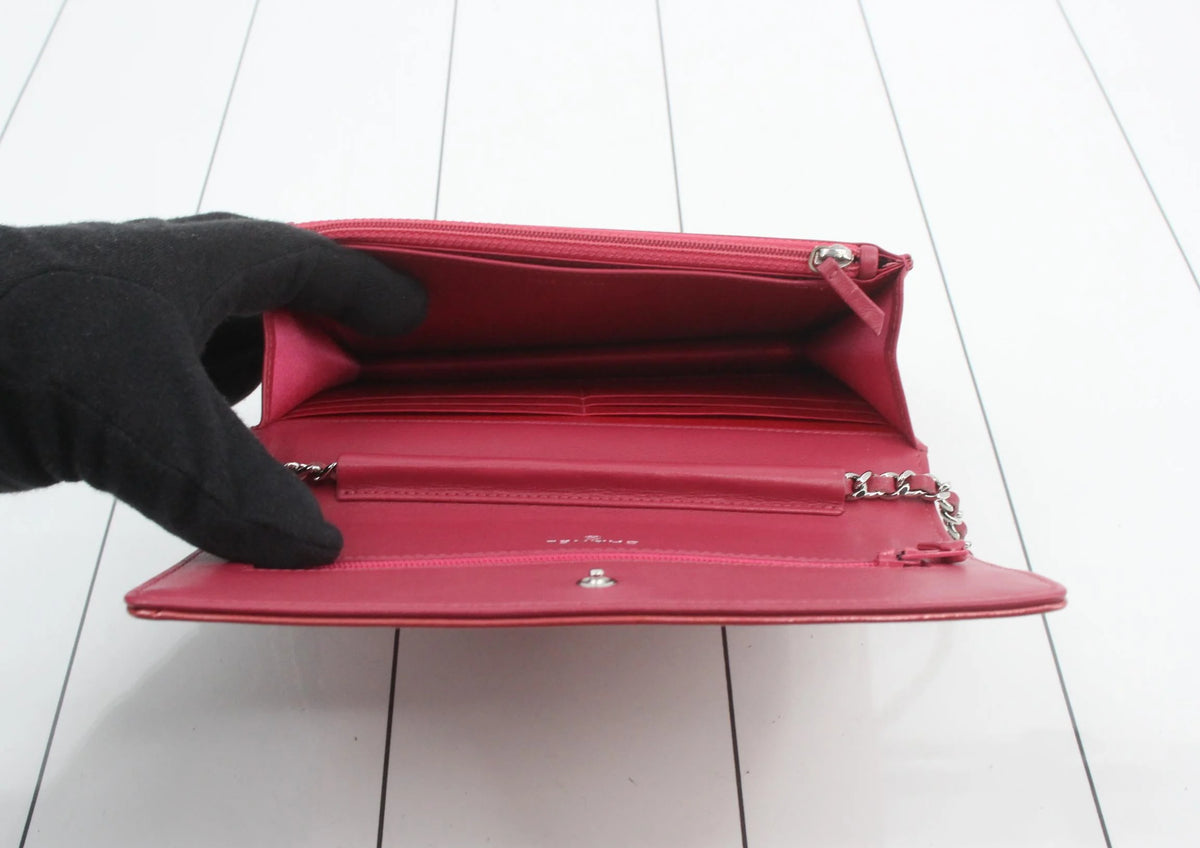 Chanel Pink Camellia Wallet on Chain in Embossed Patent Leather