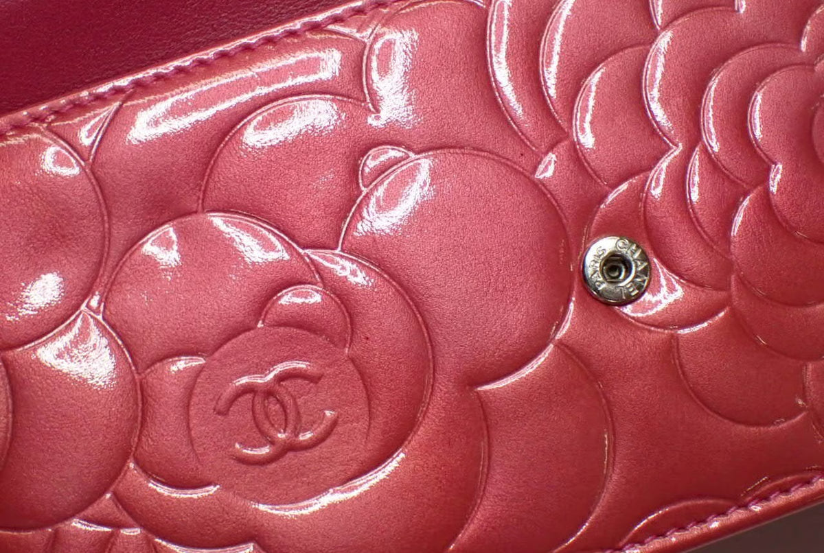 Chanel Pink Camellia Wallet on Chain in Embossed Patent Leather