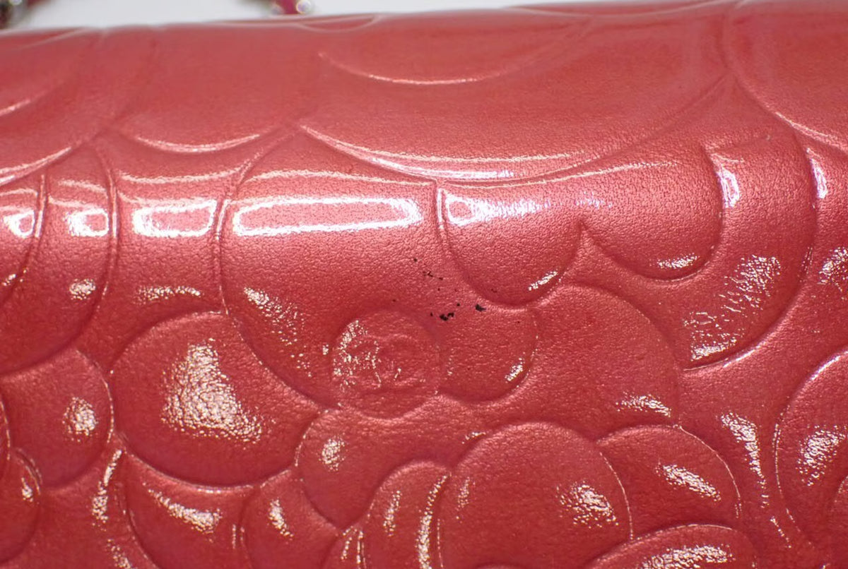 Chanel Pink Camellia Wallet on Chain in Embossed Patent Leather