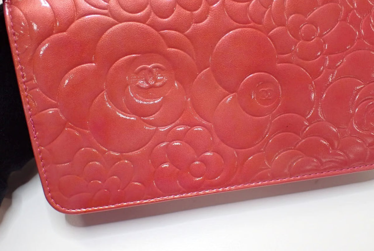 Chanel Pink Camellia Wallet on Chain in Embossed Patent Leather