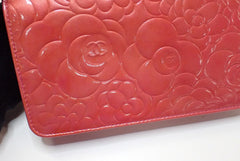 Chanel Pink Camellia Wallet on Chain in Embossed Patent Leather
