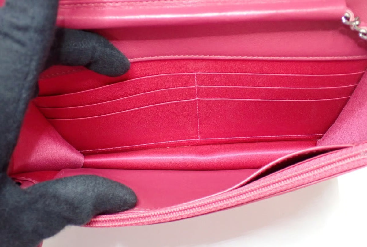 Chanel Pink Camellia Wallet on Chain in Embossed Patent Leather
