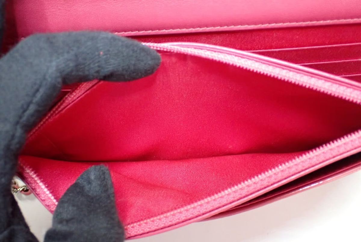 Chanel Pink Camellia Wallet on Chain in Embossed Patent Leather