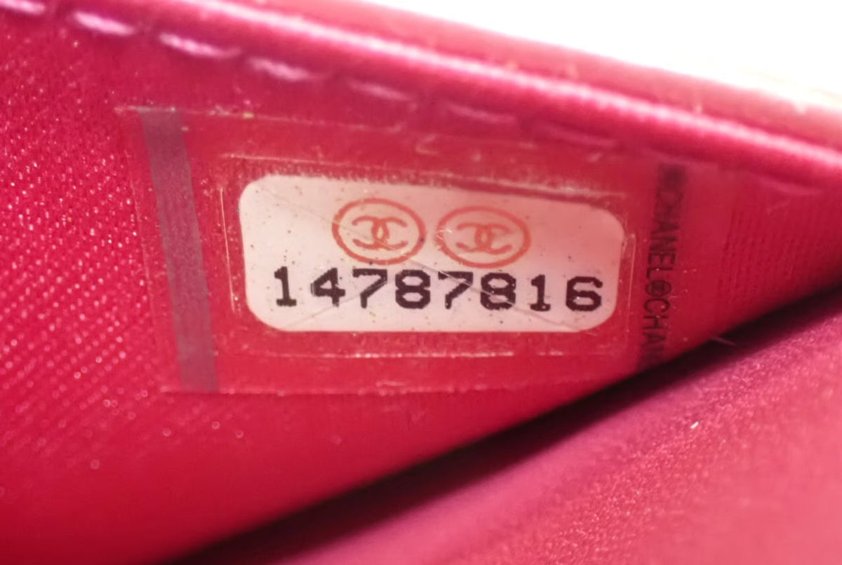 Chanel Pink Camellia Wallet on Chain in Embossed Patent Leather