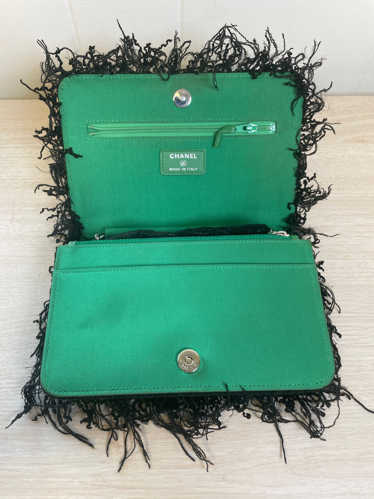 CHANEL Black Fringed Tweed Flap Wallet on Chain (WOC)