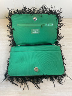 CHANEL Black Fringed Tweed Flap Wallet on Chain (WOC)