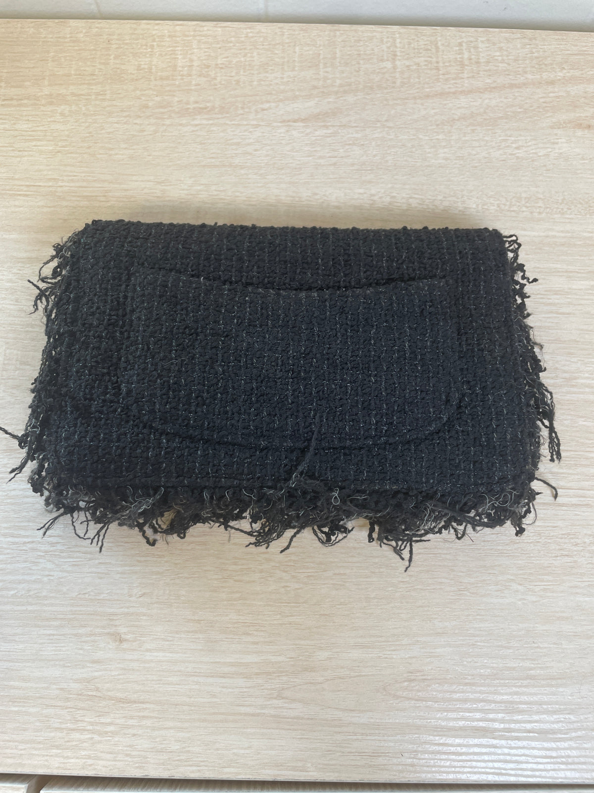 CHANEL Black Fringed Tweed Flap Wallet on Chain (WOC)