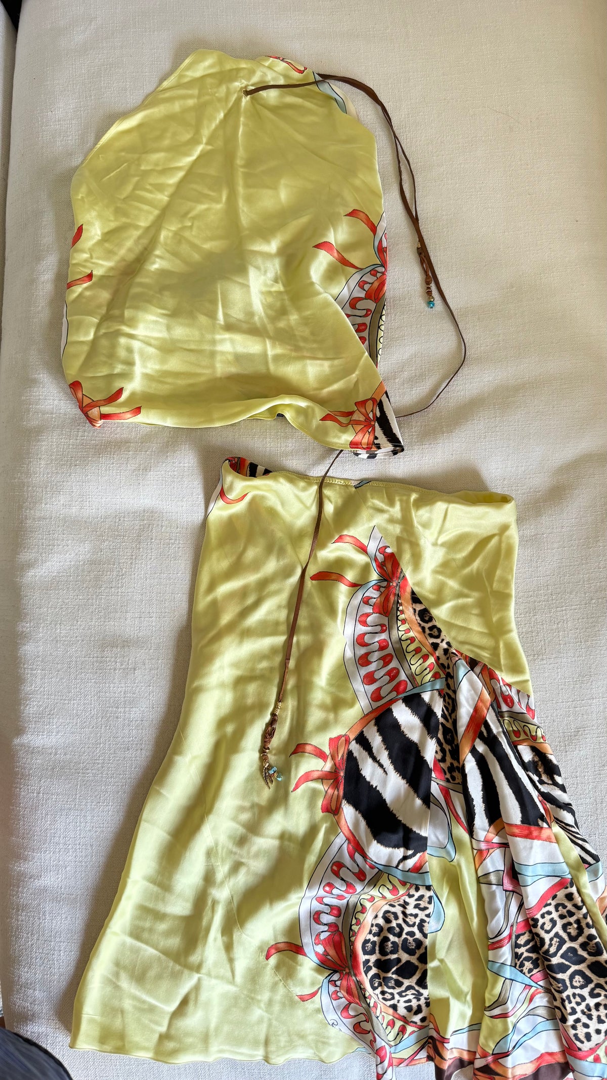 SS2004 Roberto Cavalli Patchwork Scarf Print Silk Halter Top & Bias Skirt Set Size S
