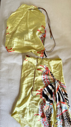 SS2004 Roberto Cavalli Patchwork Scarf Print Silk Halter Top & Bias Skirt Set Size S