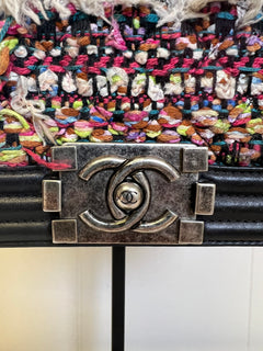 CHANEL Small Boy Flap Bag in Multicolor Fringe Tweed and Black Smooth Calfskin Leather
