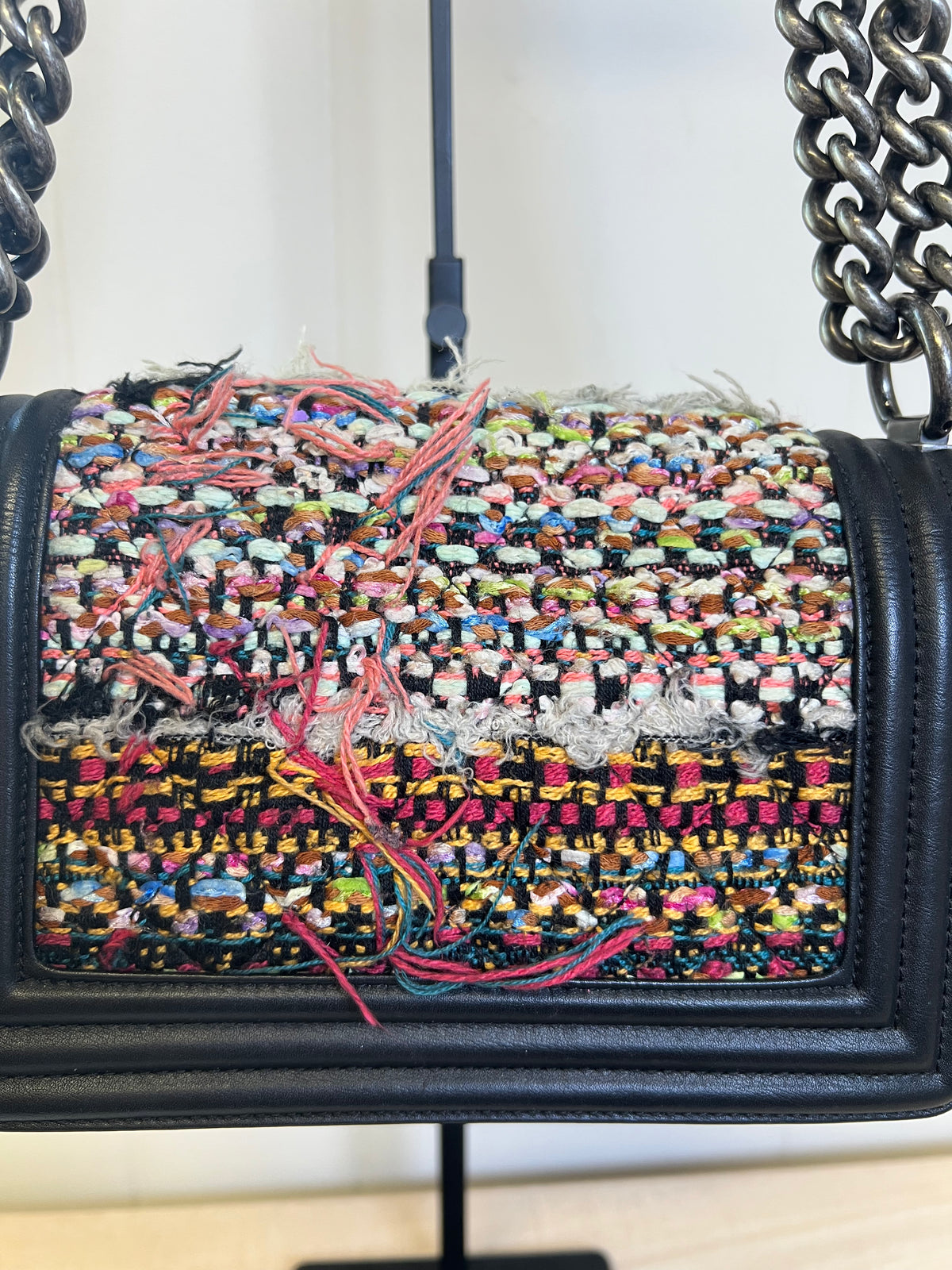 CHANEL Small Boy Flap Bag in Multicolor Fringe Tweed and Black Smooth Calfskin Leather