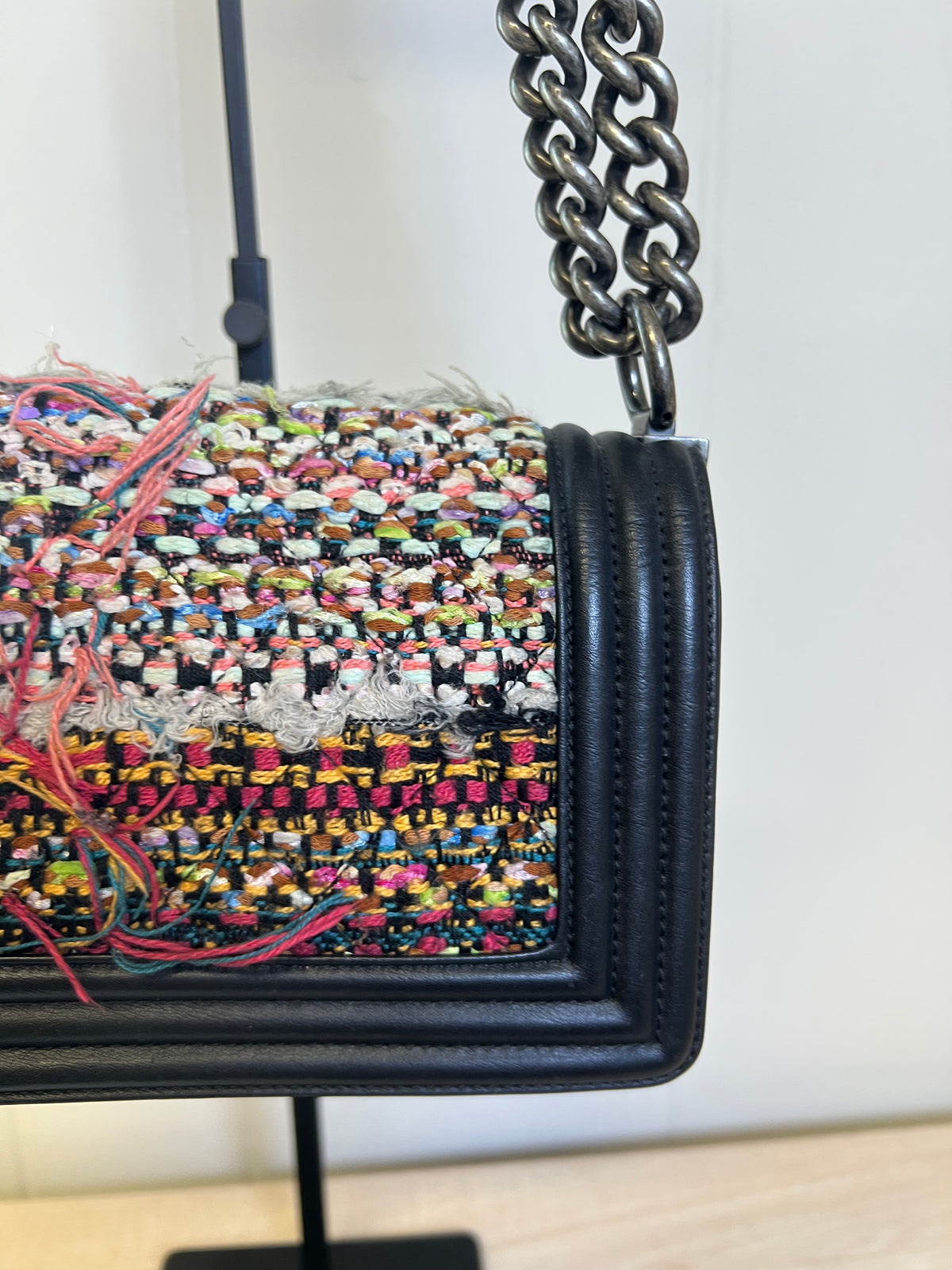CHANEL Small Boy Flap Bag in Multicolor Fringe Tweed and Black Smooth Calfskin Leather
