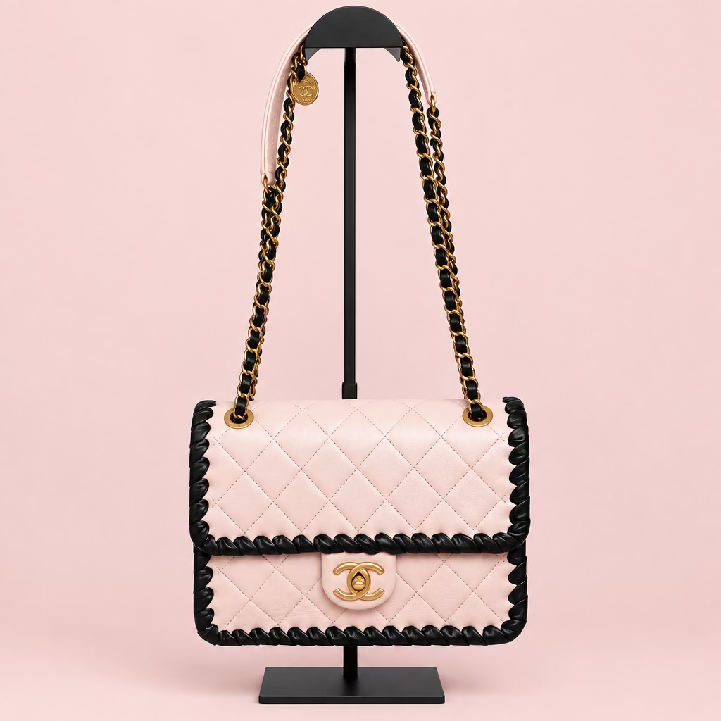 CHANEL Light Pink Lambskin & Black Whipstitch