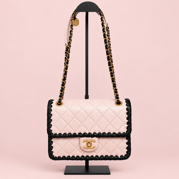 CHANEL Light Pink Lambskin & Black Whipstitch