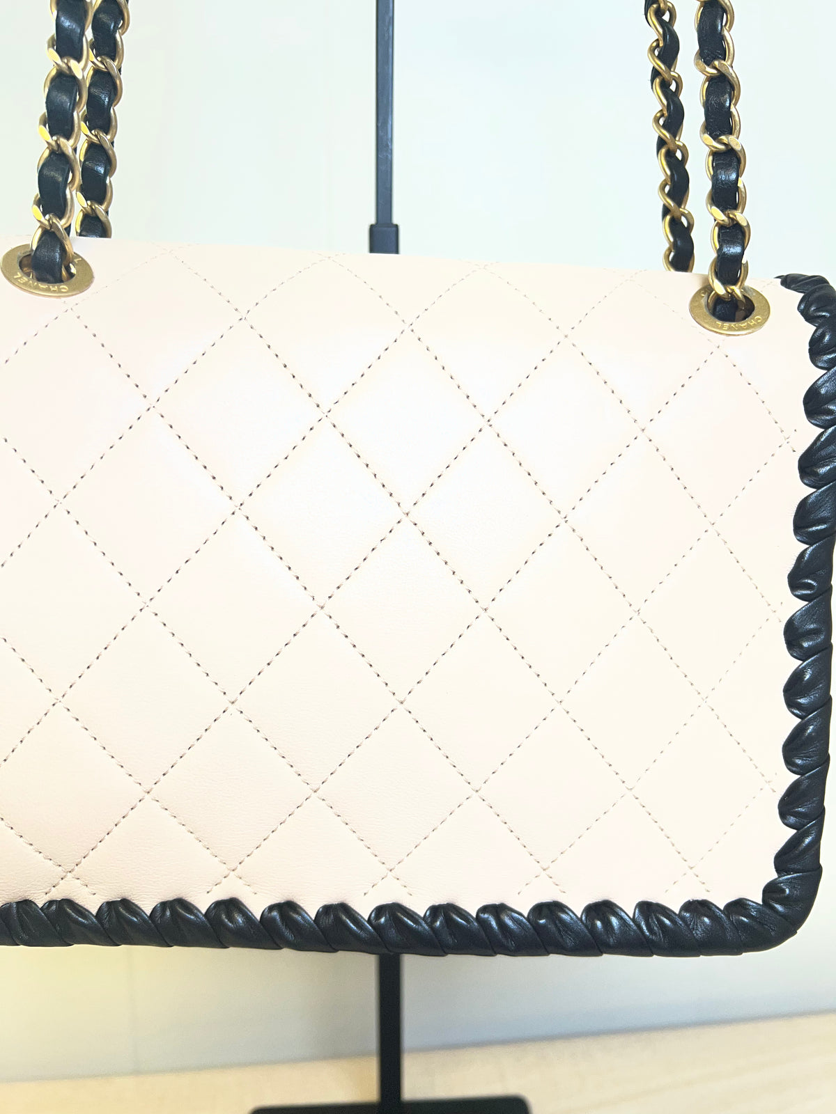 CHANEL Light Pink Lambskin & Black Whipstitch