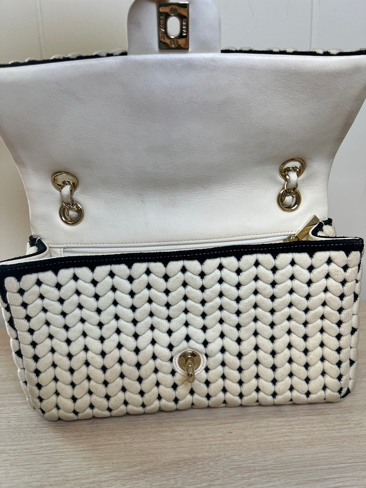 CHANEL Flap Bag Beige Woven Knit
