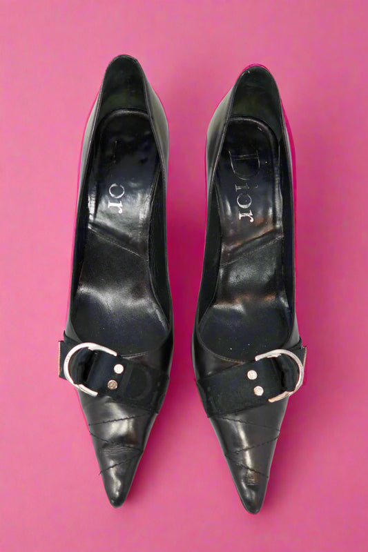 Dior Vintage Black Leather Pointed Toe Heels - 40 EU