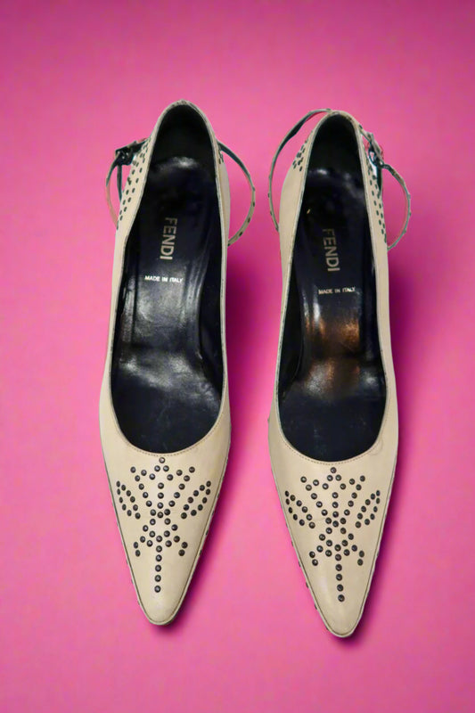 Fendi Vintage Studded Beige Heels - 37.5 EU