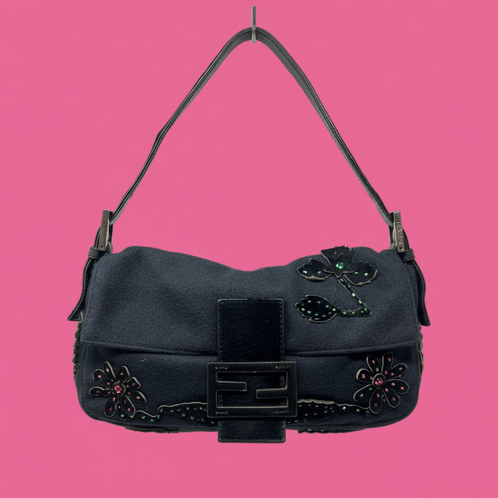 Fendi Beaded Baguette Black Cashmere Pony Hair