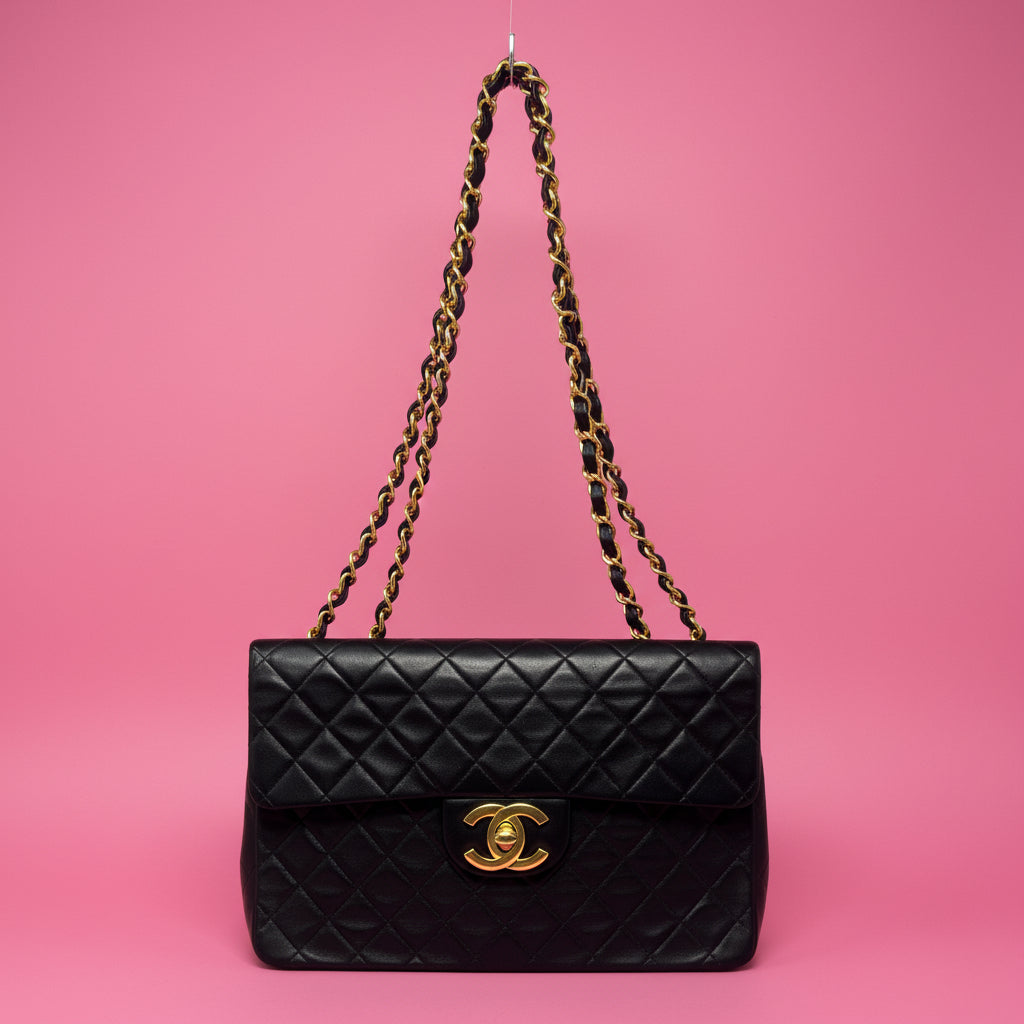 Chanel Large Timeless Classic Single Flap Matelassé Black Leather Chain Bag