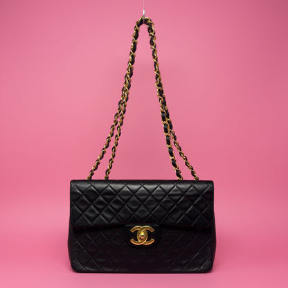 Chanel Large Timeless Classic Single Flap Matelassé Black Leather Chain Bag