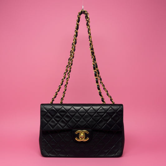 Chanel Large Timeless Classic Single Flap Matelassé Black Leather Chain Bag
