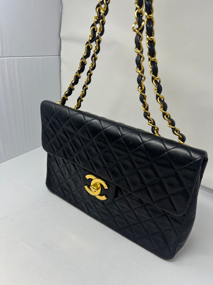 Chanel Large Timeless Classic Single Flap Matelassé Black Leather Chain Bag