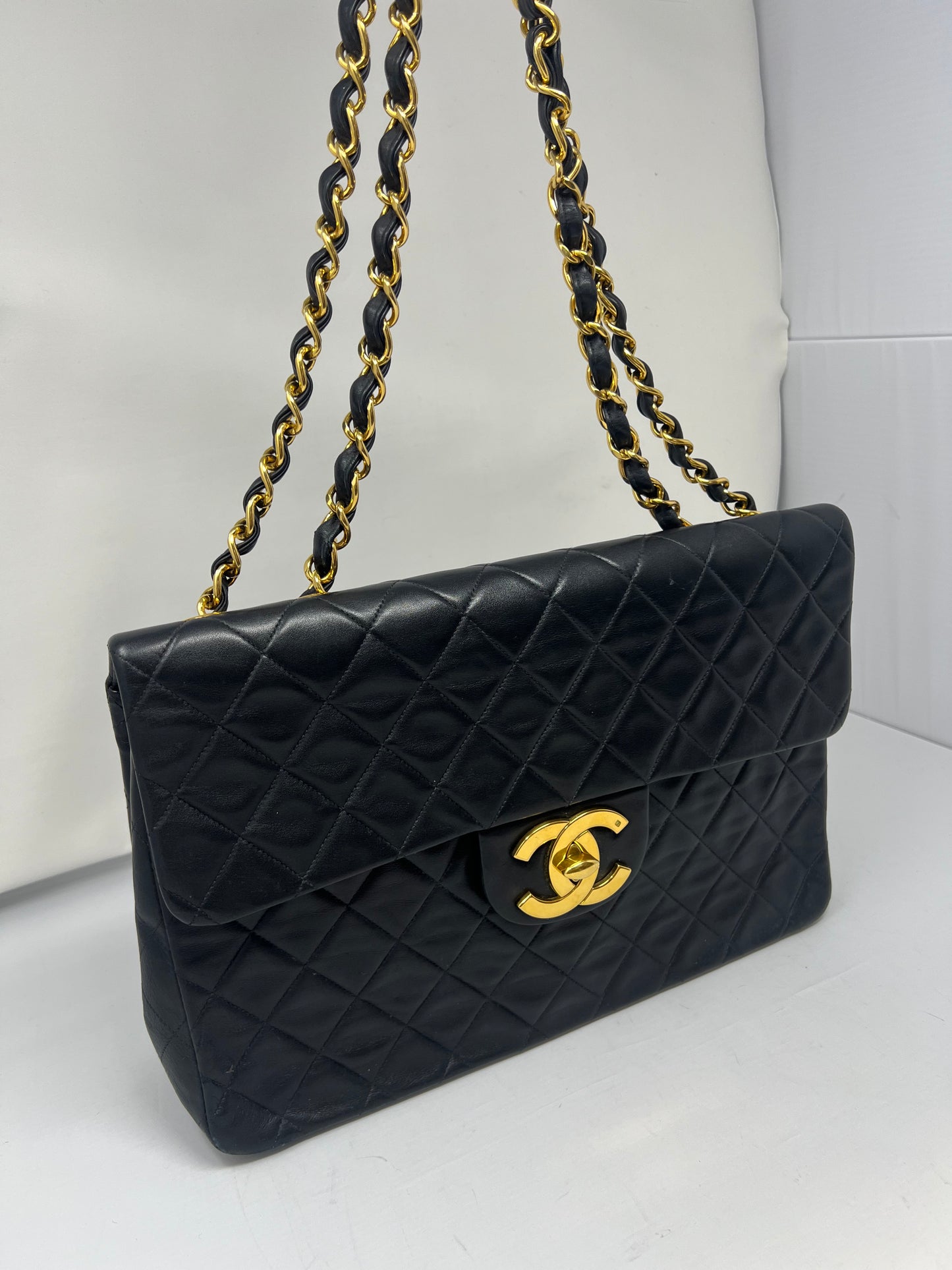 Chanel Large Timeless Classic Single Flap Matelassé Black Leather Chain Bag