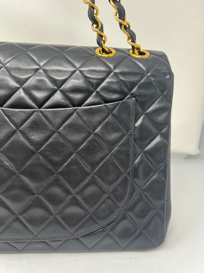Chanel Large Timeless Classic Single Flap Matelassé Black Leather Chain Bag