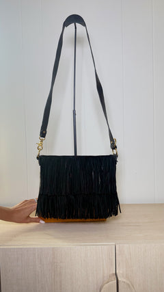Tory Burch Black Leather Tiered Fringe Shoulder Bag