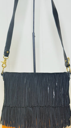 Tory Burch Black Leather Tiered Fringe Shoulder Bag