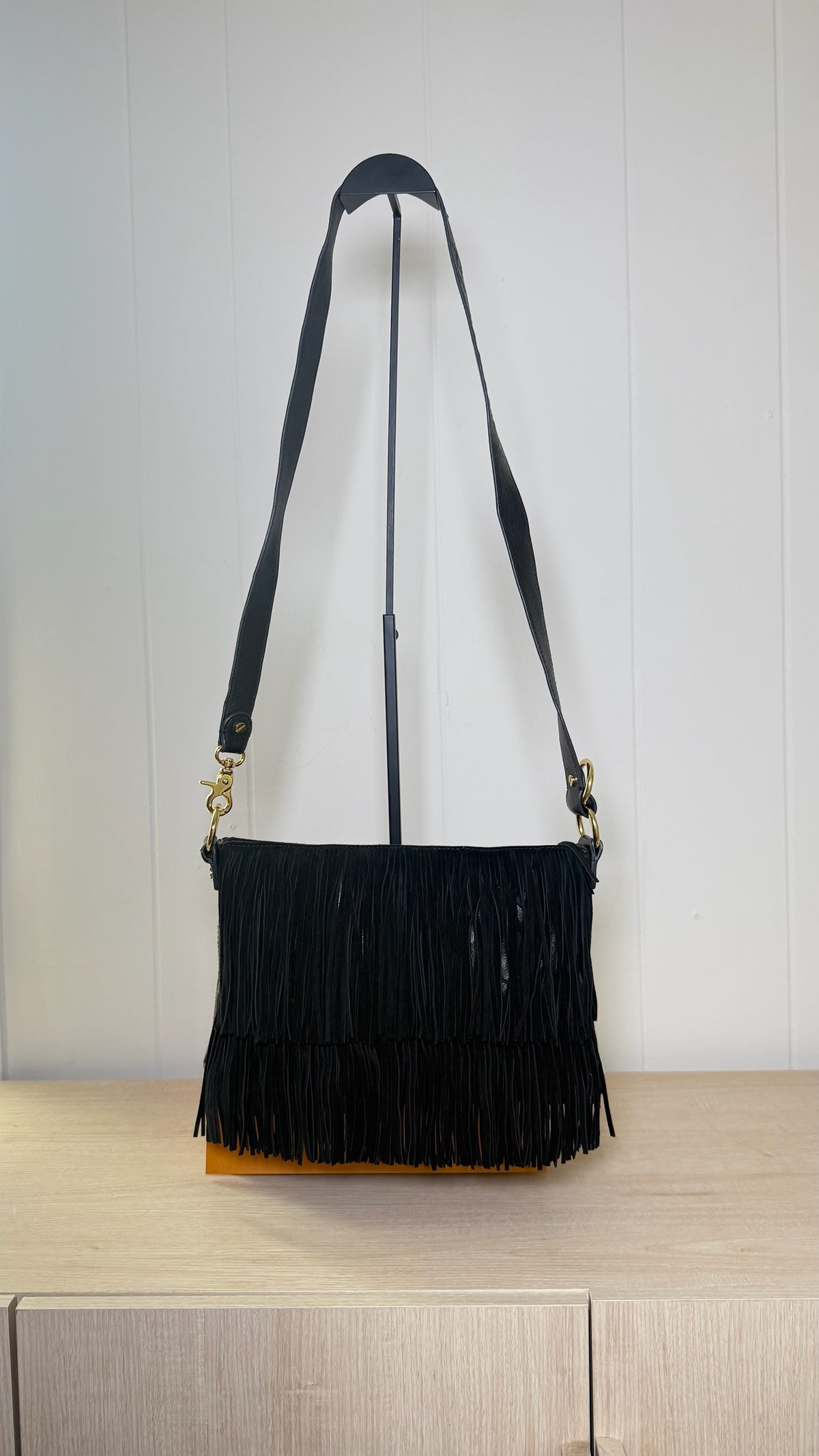 Tory Burch Black Leather Tiered Fringe Shoulder Bag
