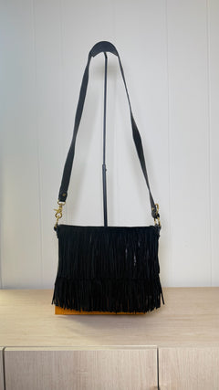 Tory Burch Black Leather Tiered Fringe Shoulder Bag