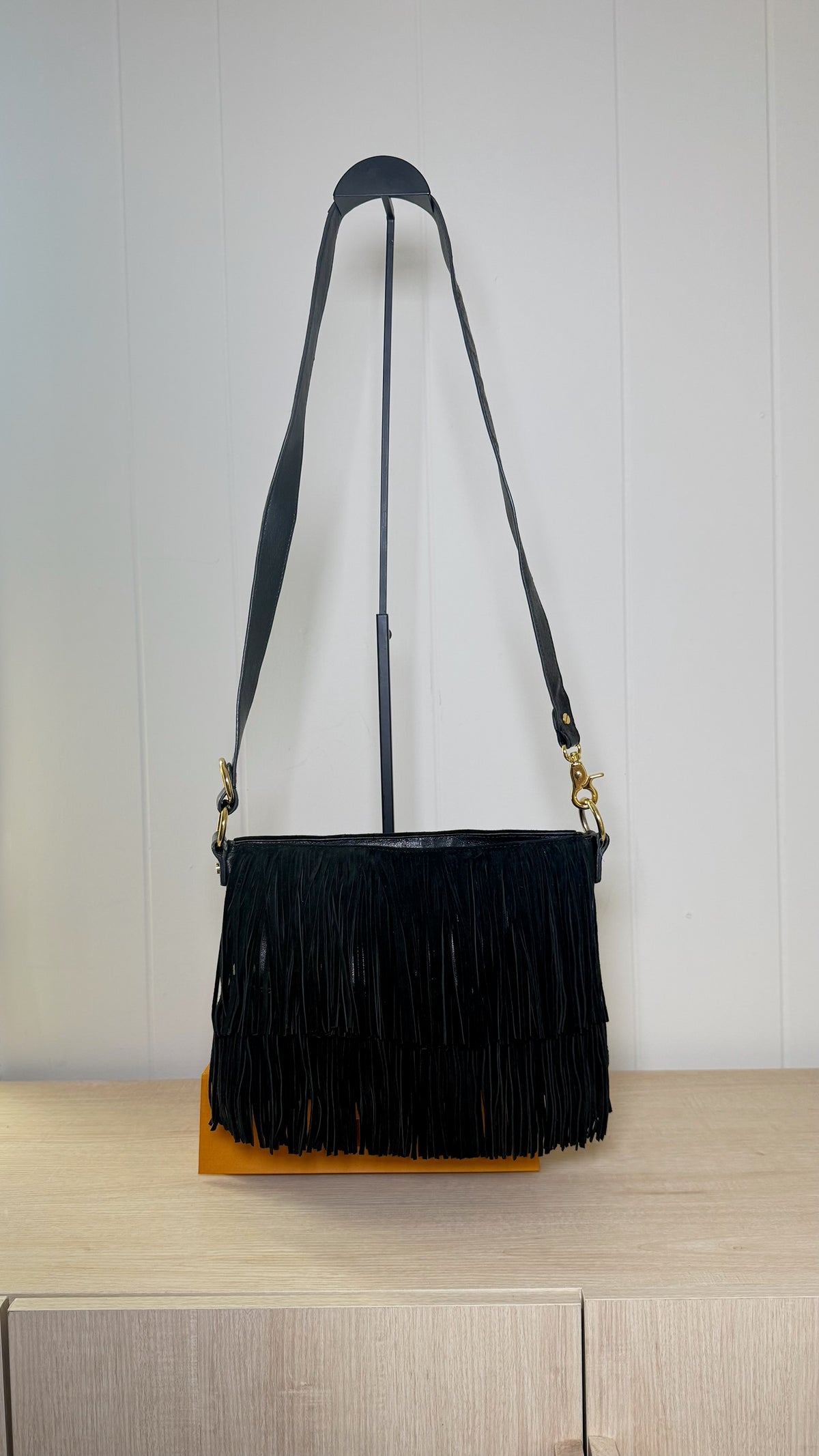 Tory Burch Black Leather Tiered Fringe Shoulder Bag
