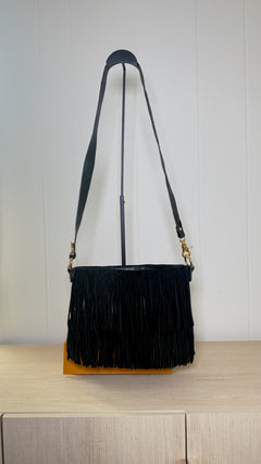 Tory Burch Black Leather Tiered Fringe Shoulder Bag