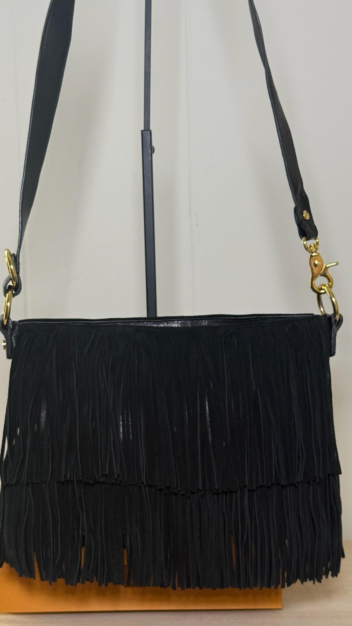 Tory Burch Black Leather Tiered Fringe Shoulder Bag