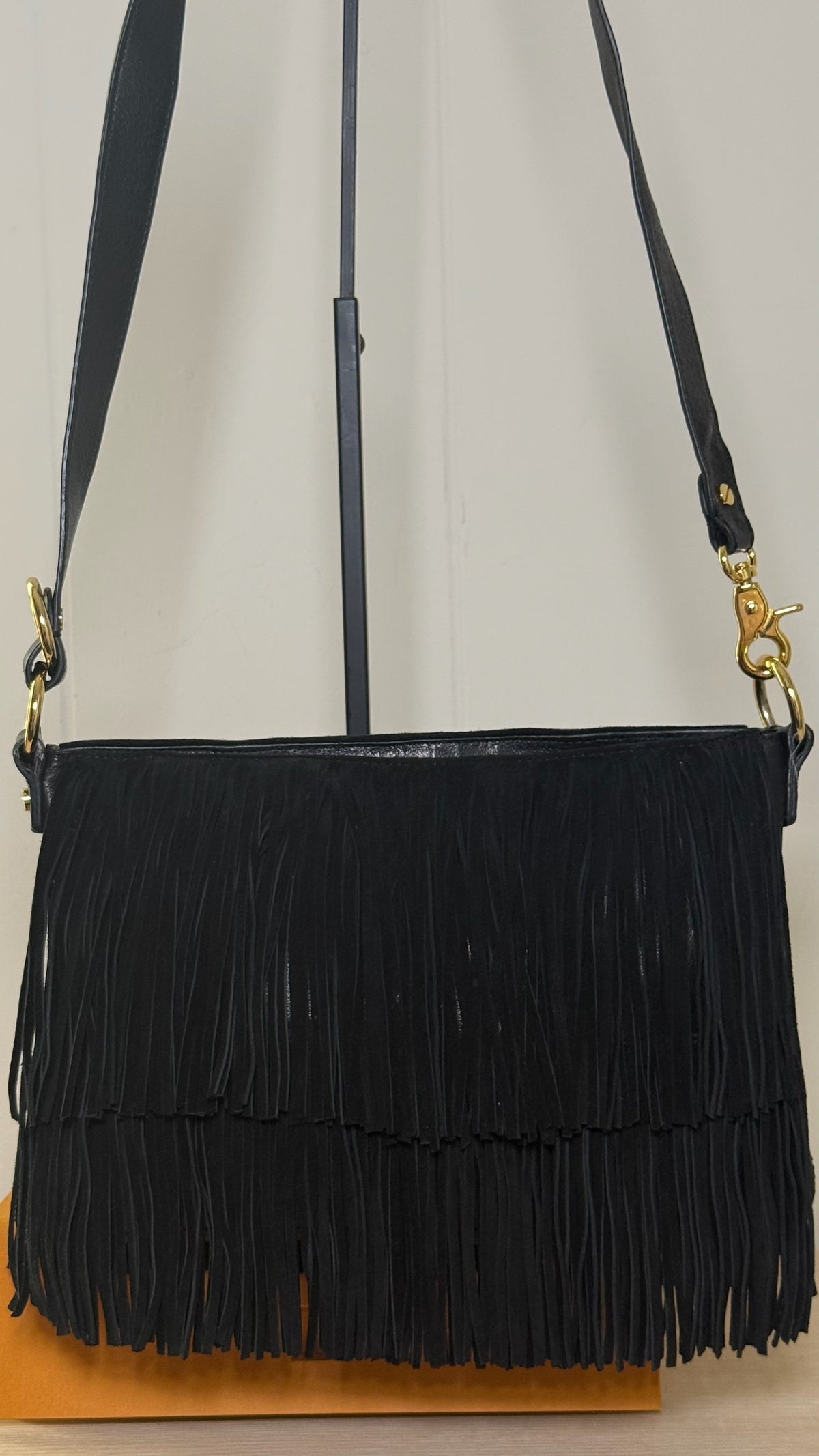 Tory Burch Black Leather Tiered Fringe Shoulder Bag