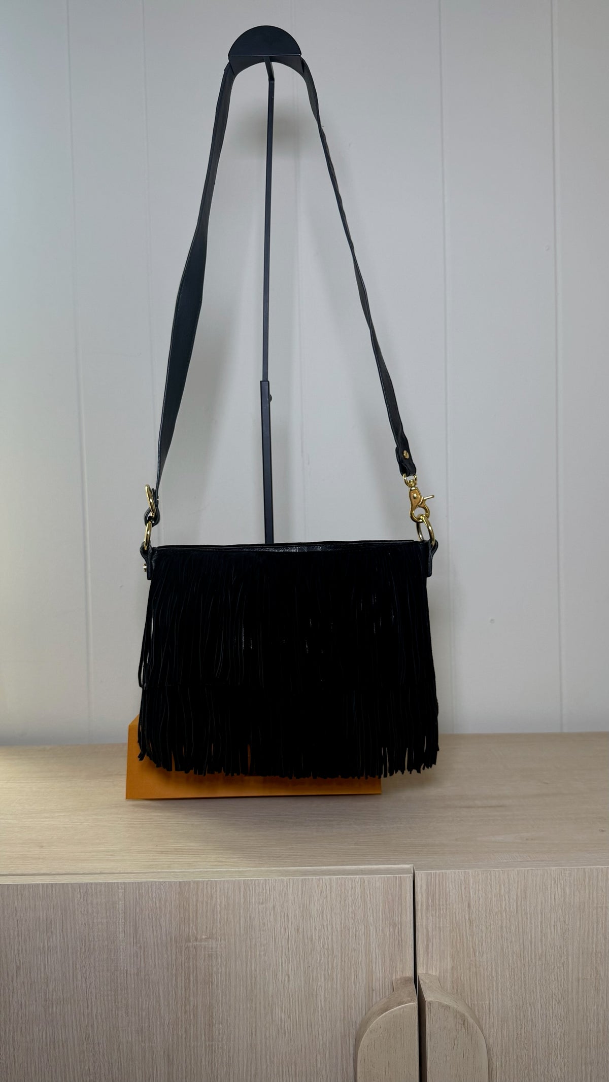 Tory Burch Black Leather Tiered Fringe Shoulder Bag
