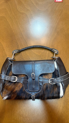 Jimmy Choo Fur and Leather Buckle Shoulder Bag Dark Brown / Black / White