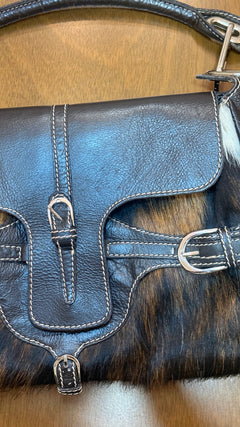 Jimmy Choo Fur and Leather Buckle Shoulder Bag Dark Brown / Black / White