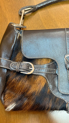 Jimmy Choo Fur and Leather Buckle Shoulder Bag Dark Brown / Black / White