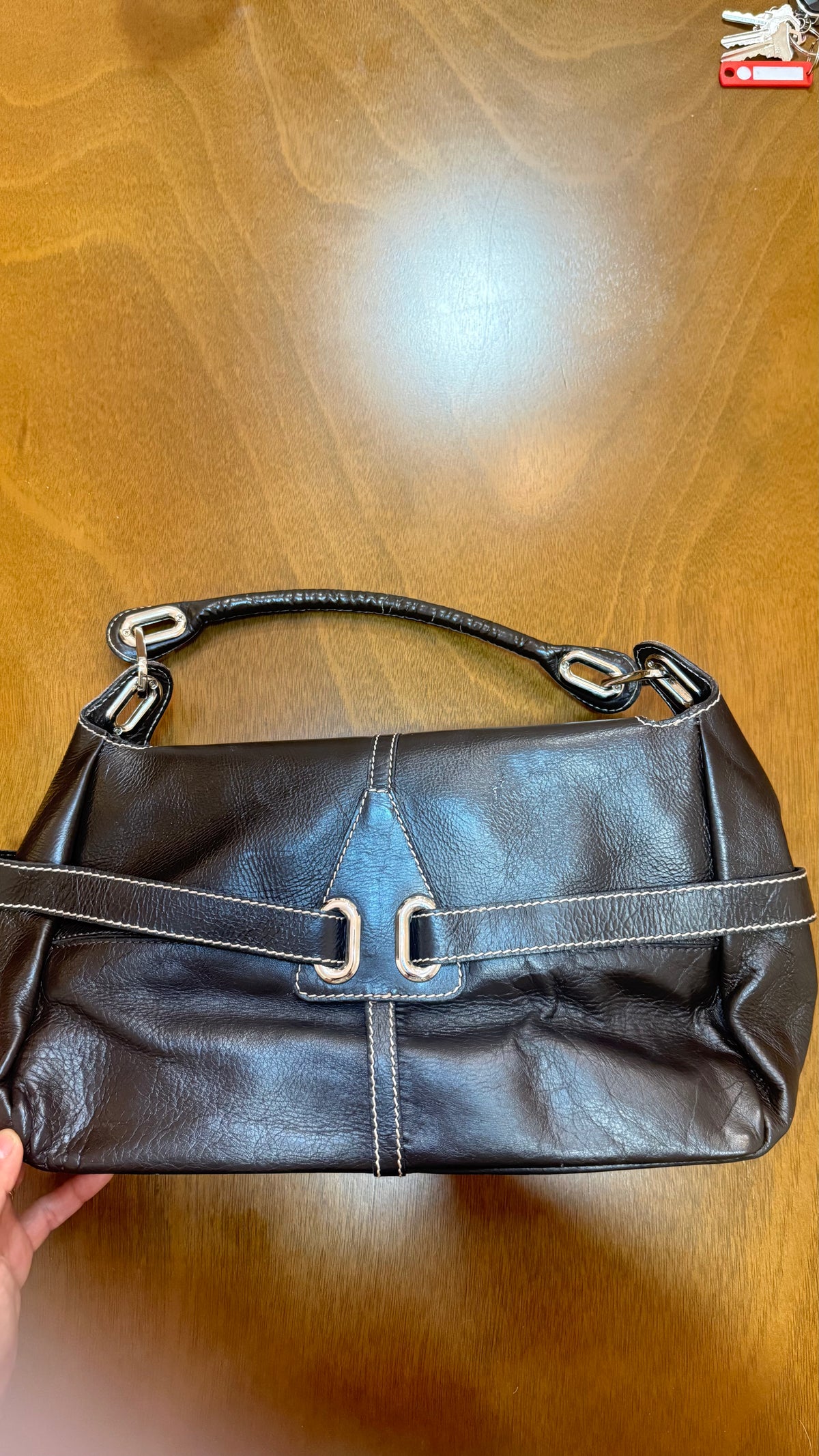 Jimmy Choo Fur and Leather Buckle Shoulder Bag Dark Brown / Black / White